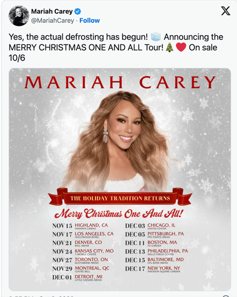 Mariah Carey Twitter defrosting has begun christmas concert dates