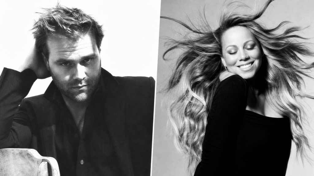 Daniel Bedingfield and Mariah Carey in a restored black-and-white split portrait