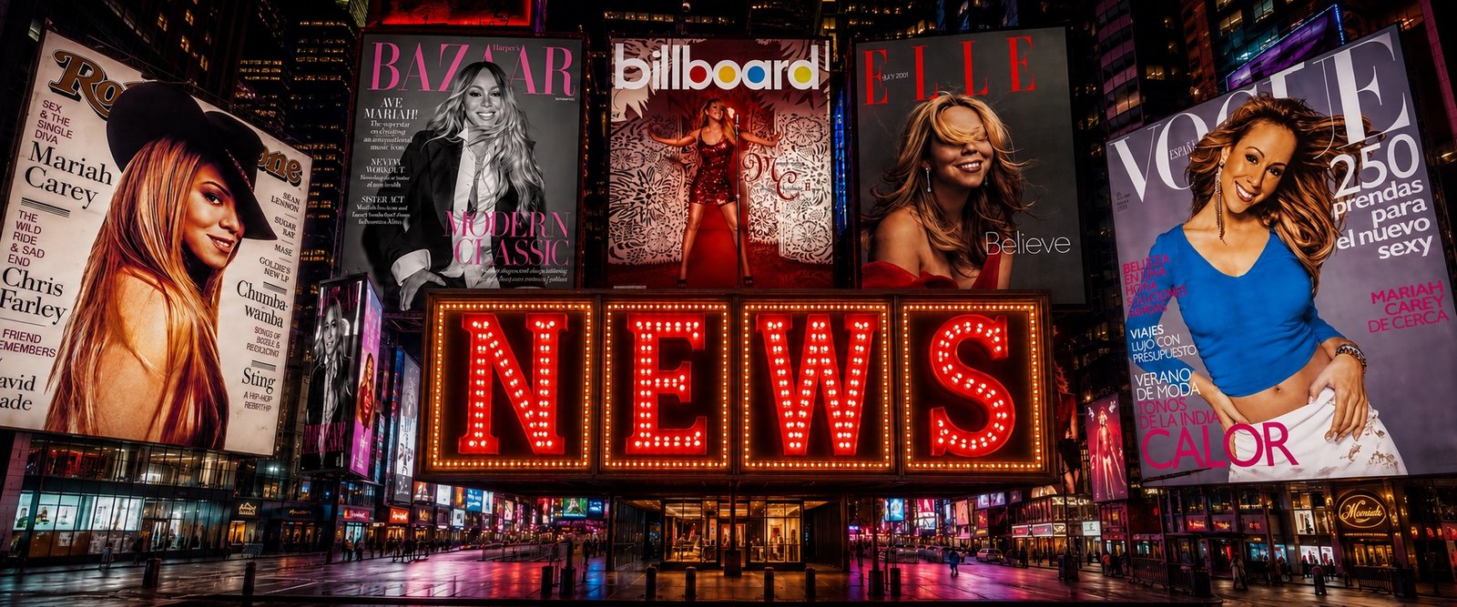 Mariah Carey magazine covers on Times Square-inspired billboards around a glowing red NEWS marquee.